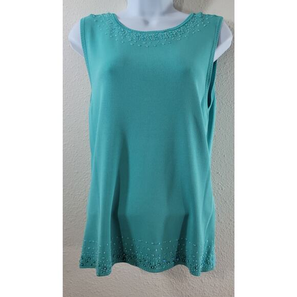 Teal Beaded Round Neck And Hem Sleeveless Top Medium Lightweight Keyhole Back - Picture 1 of 5
